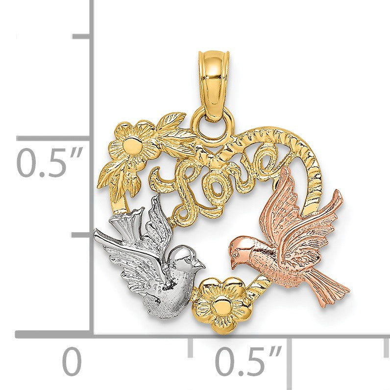 14k Yellow and Rose Gold with White Rhodium LOVE with Doves Heart Charm