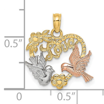 14k Yellow and Rose Gold with White Rhodium LOVE with Doves Heart Charm