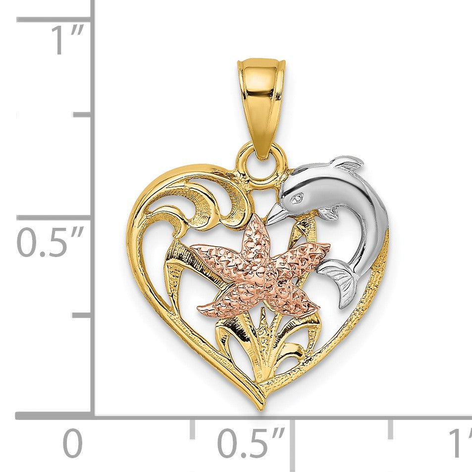 14K Two-tone with White Rhodium Dolphin and Starfish In Heart Charm