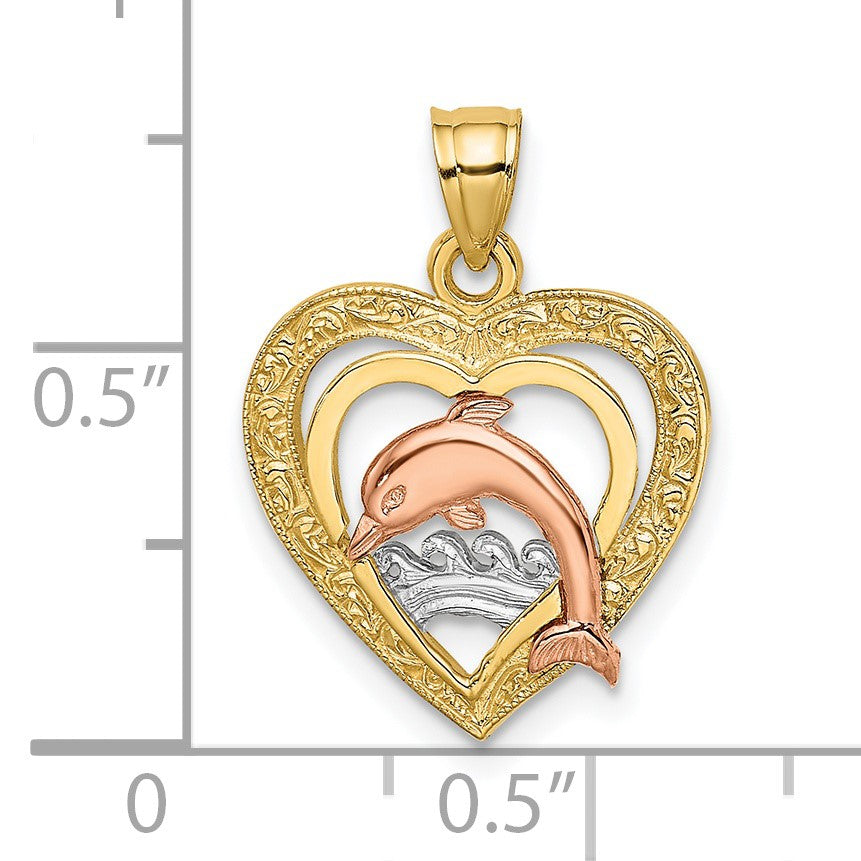 14K Two-tone with White Rhodium Dolphin In Heart Charm