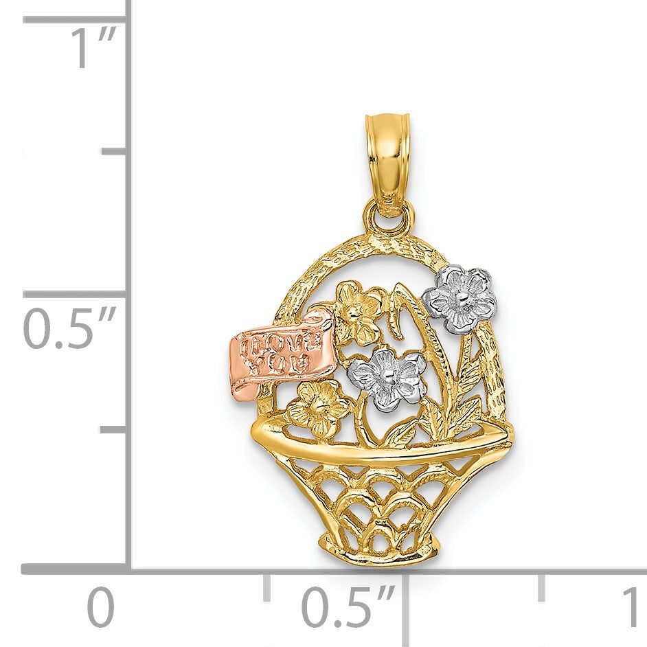 14k Two-Tone with White Rhodium Flower Basket with I LOVE YOU Charm