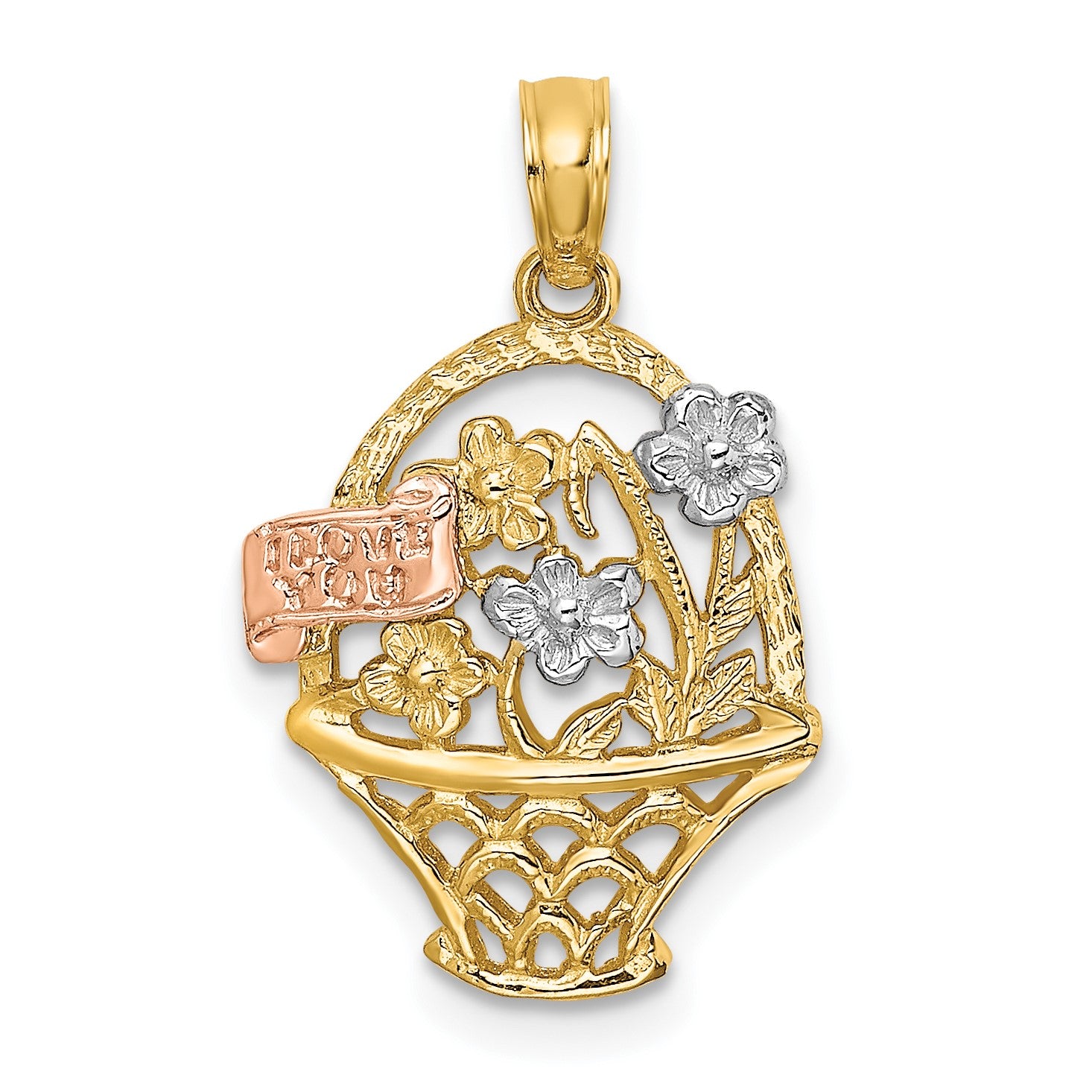 14k Two-Tone with White Rhodium Flower Basket with I LOVE YOU Charm
