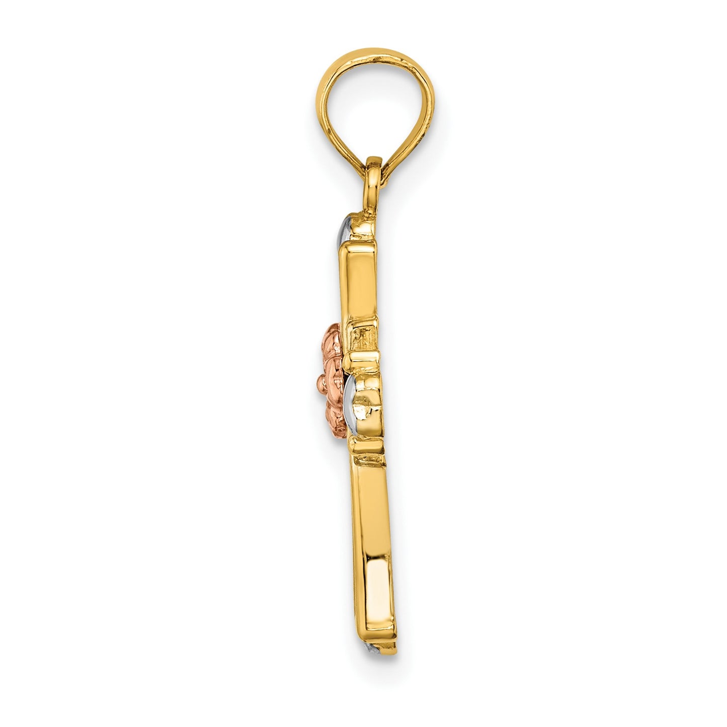 14K Two-tone and White Rhodium Cross with Flower and Hearts Charm