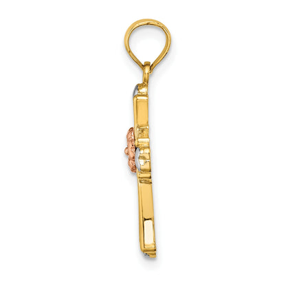 14K Two-tone and White Rhodium Cross with Flower and Hearts Charm