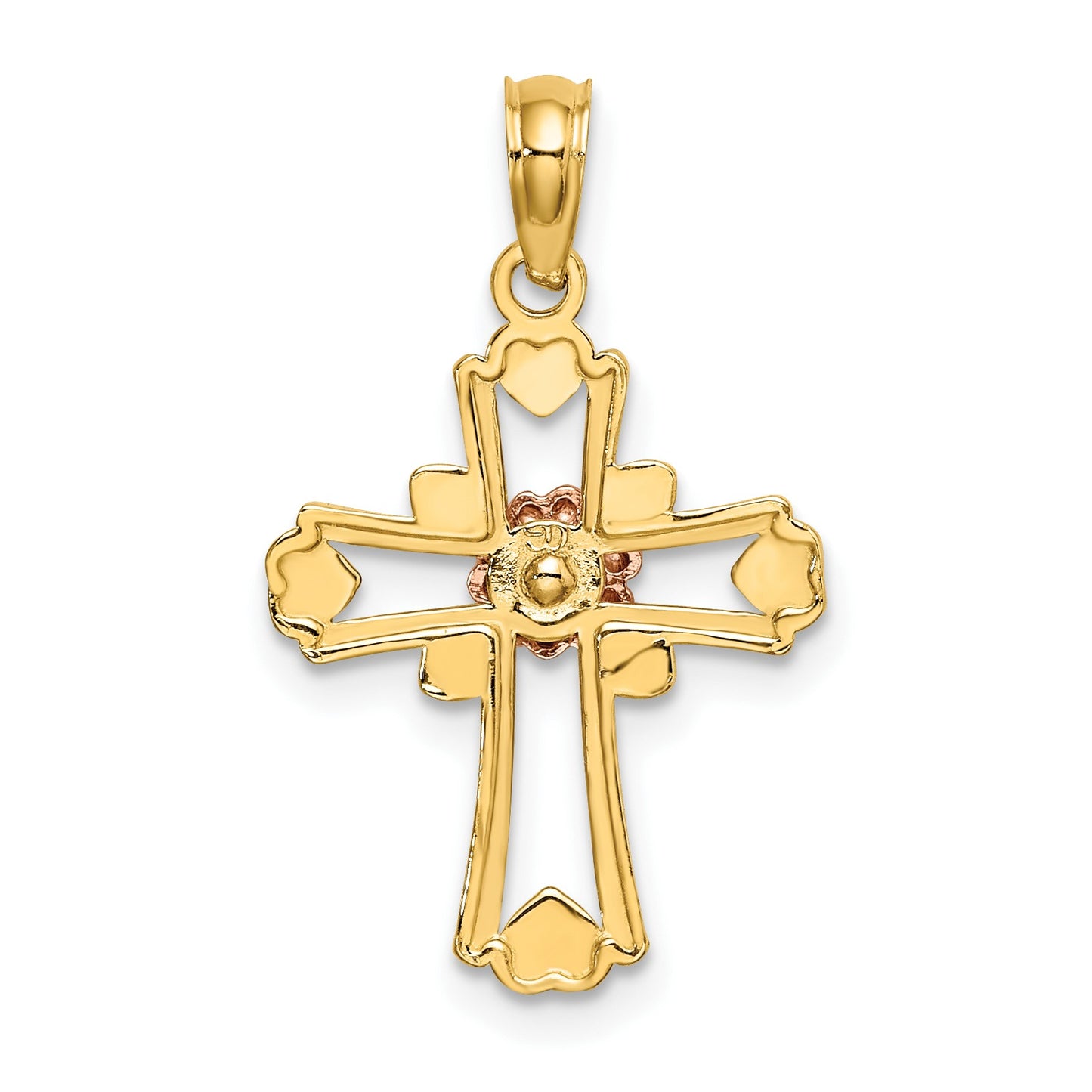 14K Two-tone and White Rhodium Cross with Flower and Hearts Charm
