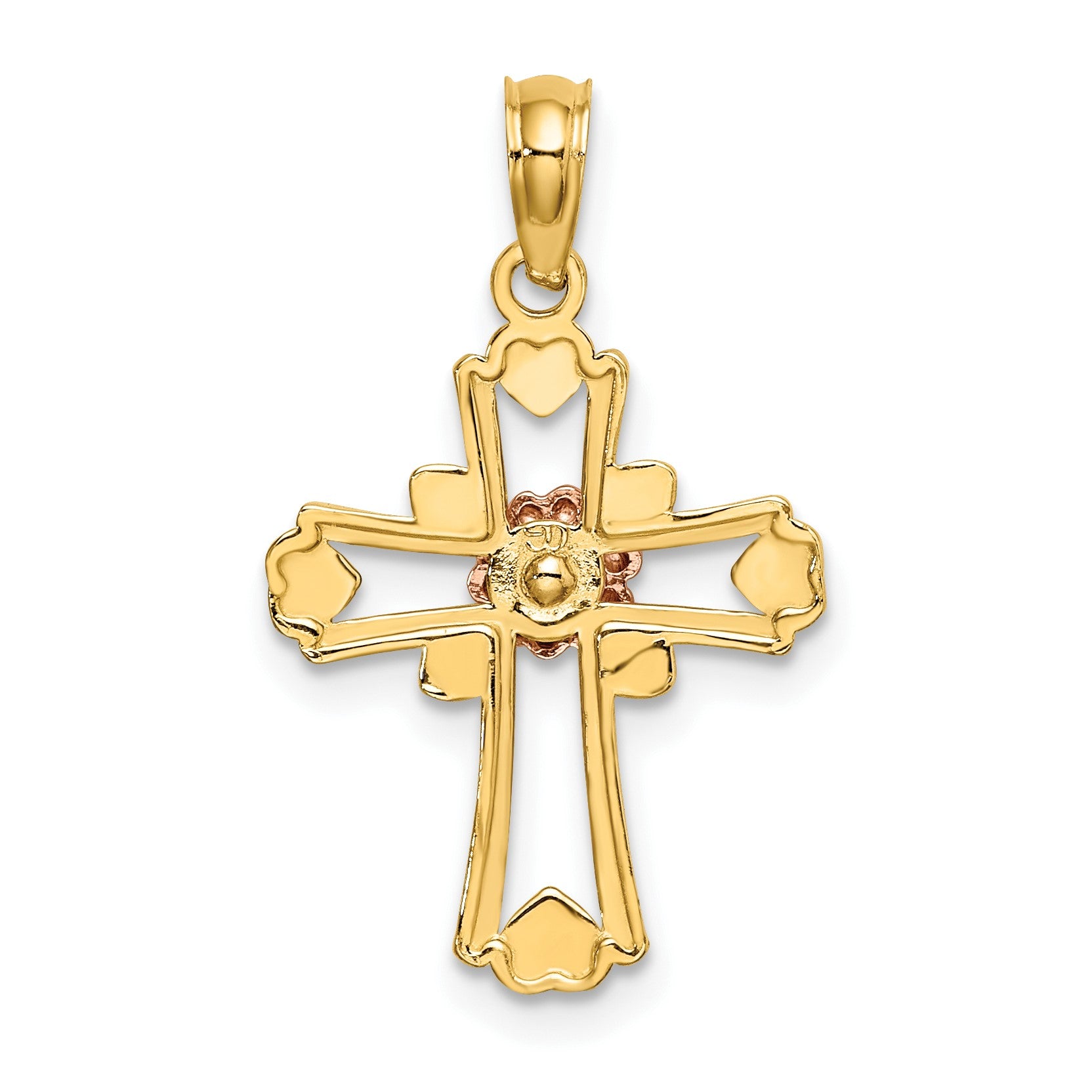 14K Two-tone and White Rhodium Cross with Flower and Hearts Charm