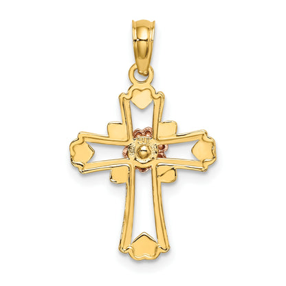 14K Two-tone and White Rhodium Cross with Flower and Hearts Charm