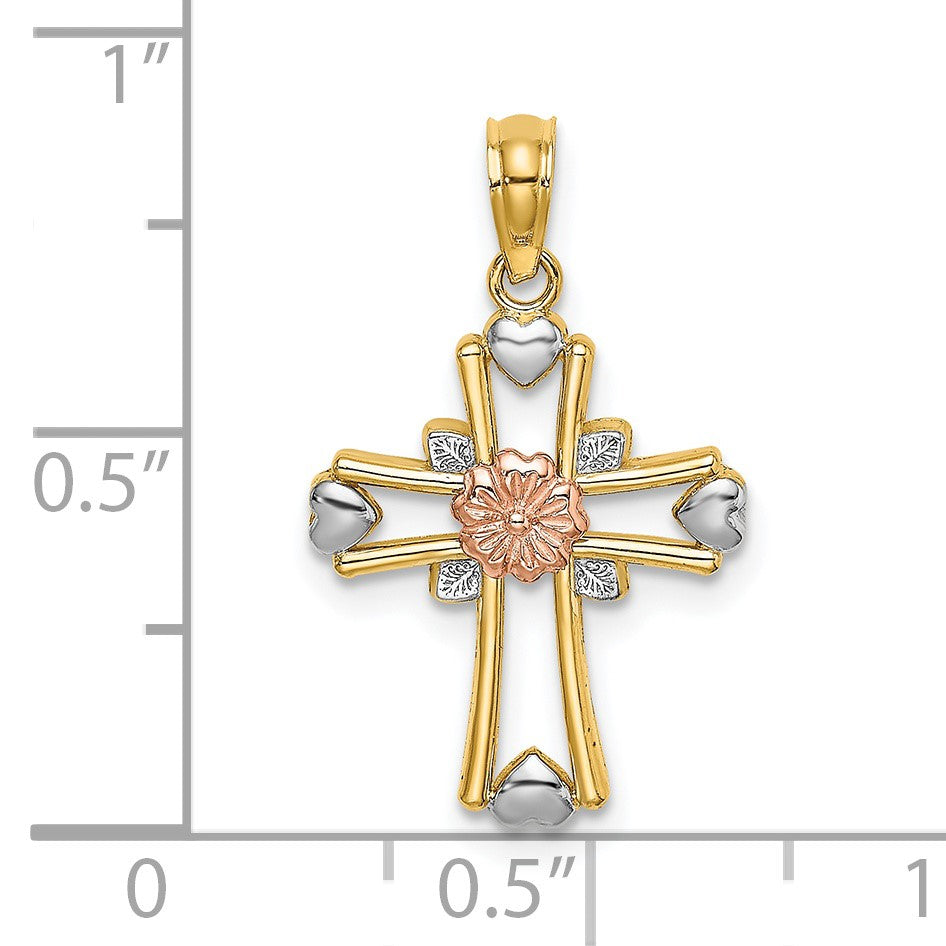 14K Two-tone and White Rhodium Cross with Flower and Hearts Charm