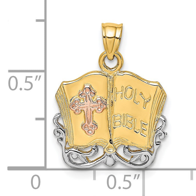 14K Two-tone and White Rhodium Open Holy Bible with Cross Charm