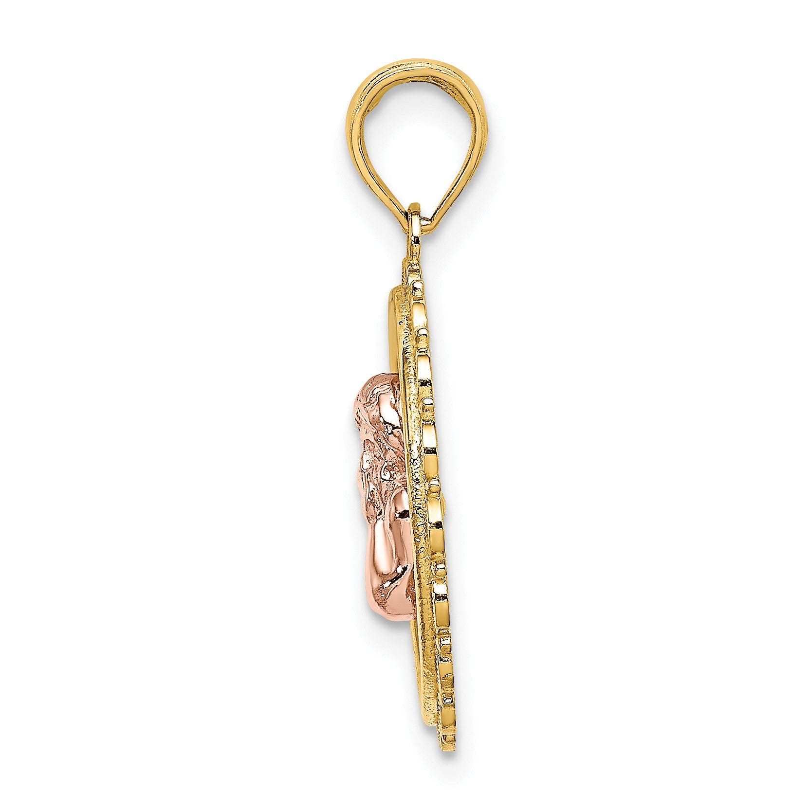 14K Two-tone with White Rhodium Cut-out Angel on Round Scalloped Frame Charm