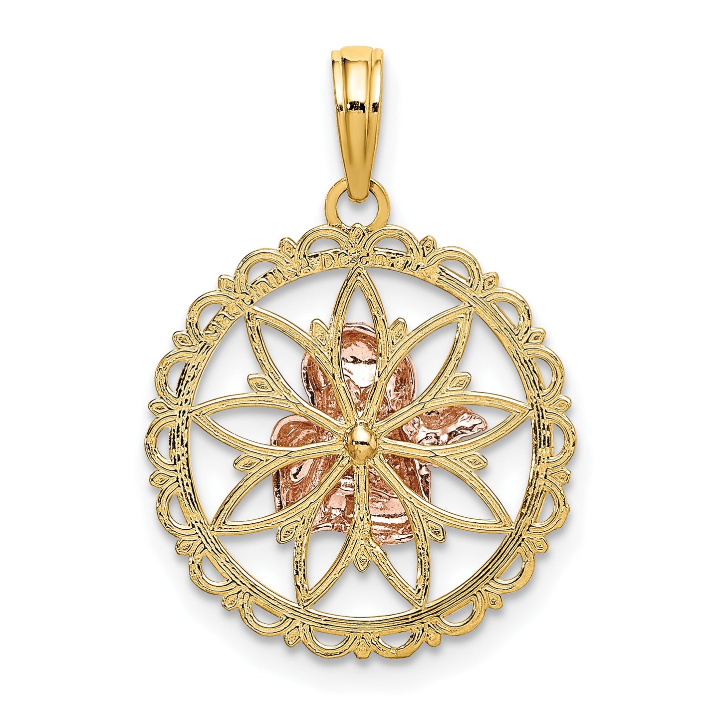 14K Two-tone with White Rhodium Cut-out Angel on Round Scalloped Frame Charm