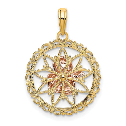 14K Two-tone with White Rhodium Cut-out Angel on Round Scalloped Frame Charm