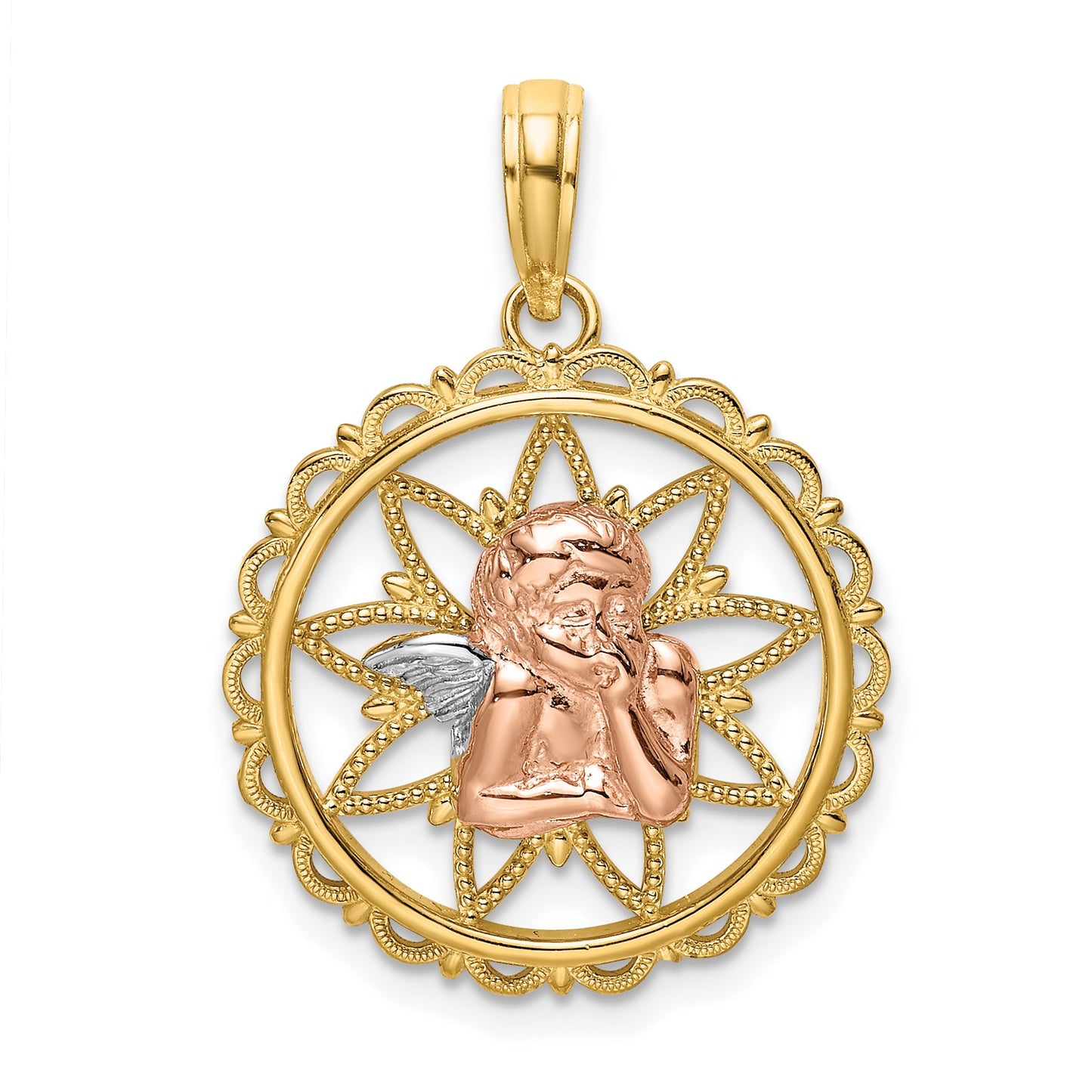 14K Two-tone with White Rhodium Cut-out Angel on Round Scalloped Frame Charm