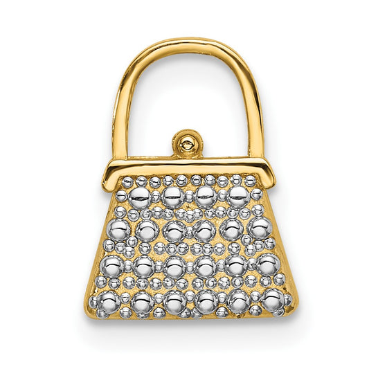 14K and White Rhodium Textured and Polished Purse Chain Slide