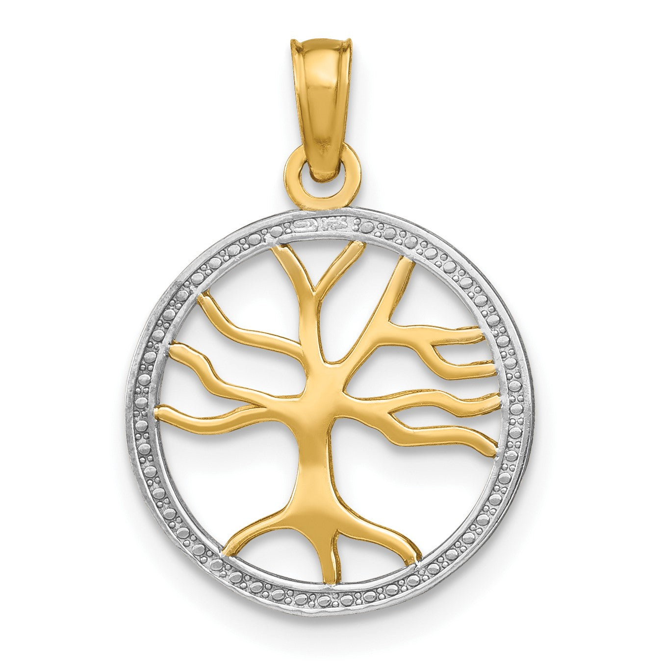 14k and White Rhodium Tree of Life in Round Frame Charm