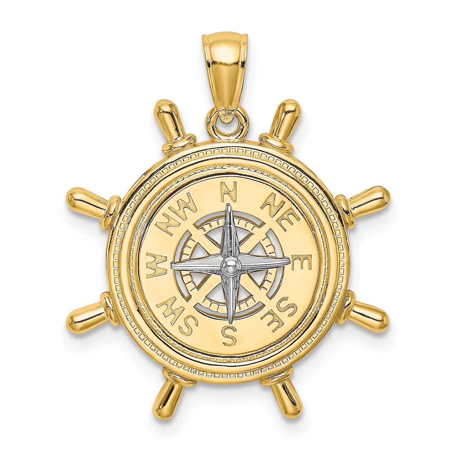 14K Two-tone Ships Wheel with Nautical Compass Charm