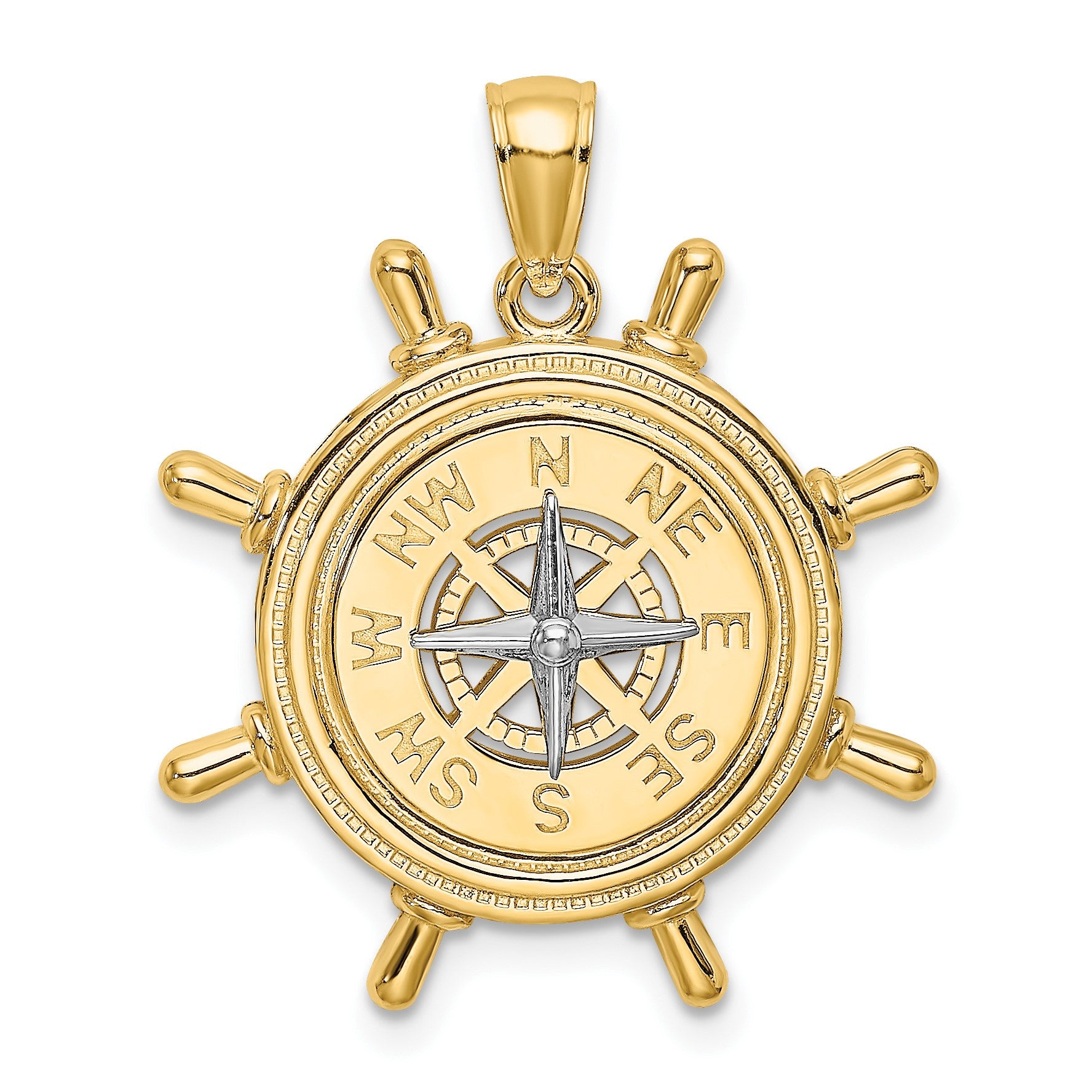 14K Two-tone Ships Wheel with Nautical Compass Charm