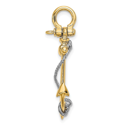 14K Two-tone 3-D Anchor with T-Bar and Rope with Shackle Bail Charm