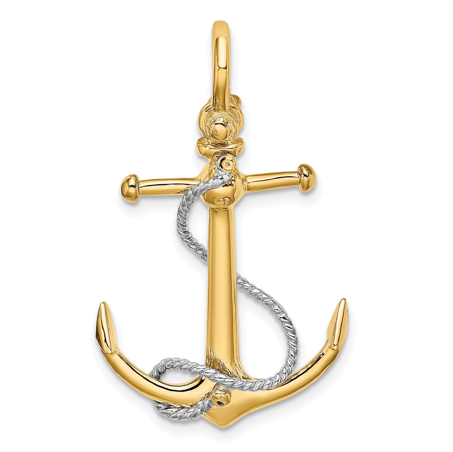 14K Two-tone 3-D Anchor with T-Bar and Rope with Shackle Bail Charm