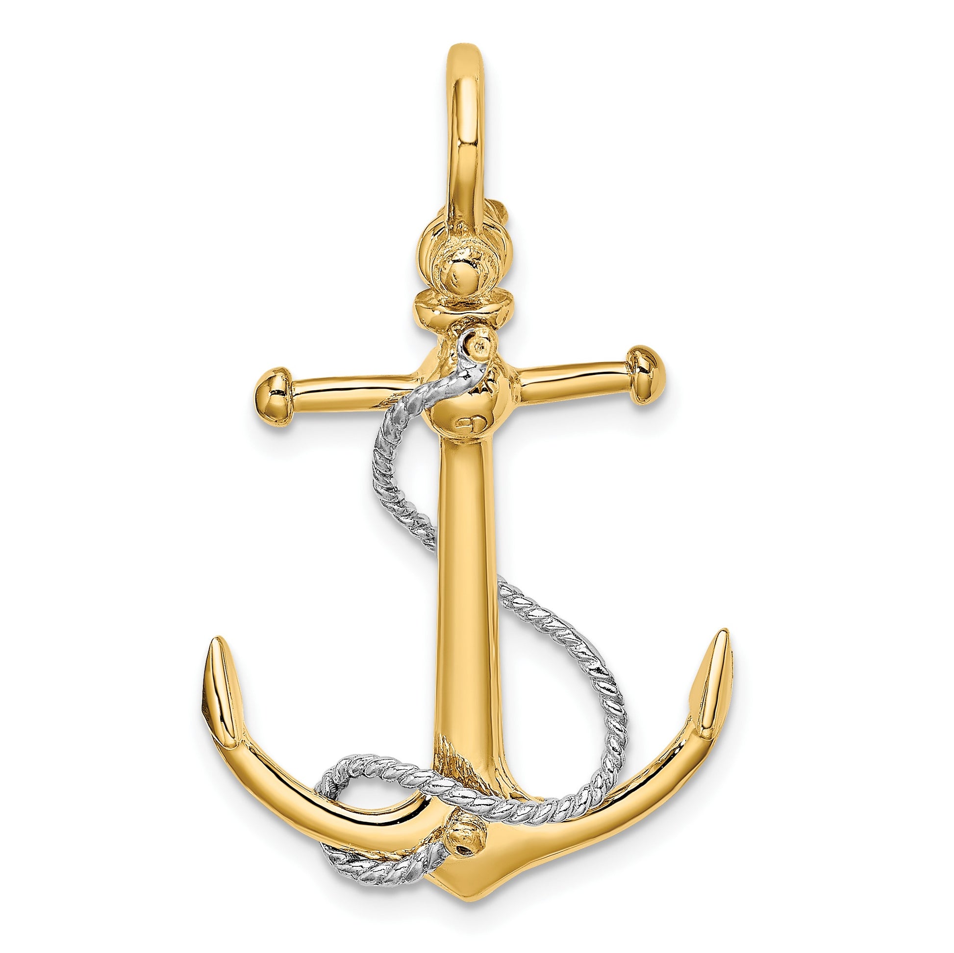 14K Two-tone 3-D Anchor with T-Bar and Rope with Shackle Bail Charm
