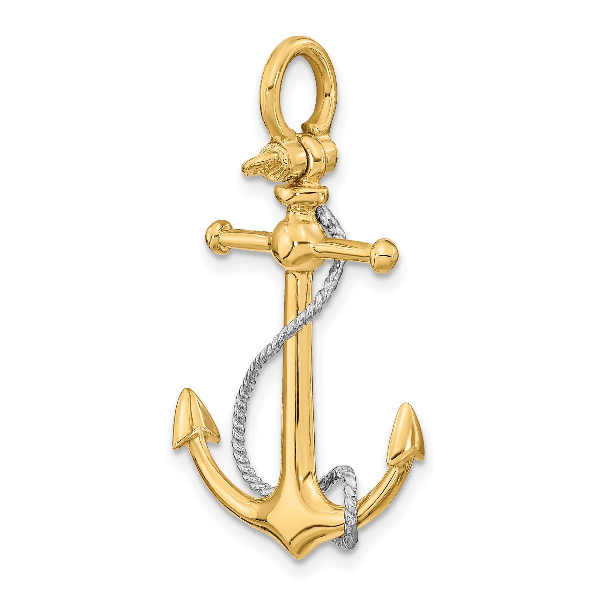 14K Two-tone 3-D Anchor with T-Bar and Rope with Shackle Bail Charm