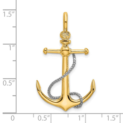 14K Two-tone 3-D Anchor with T-Bar and Rope with Shackle Bail Charm
