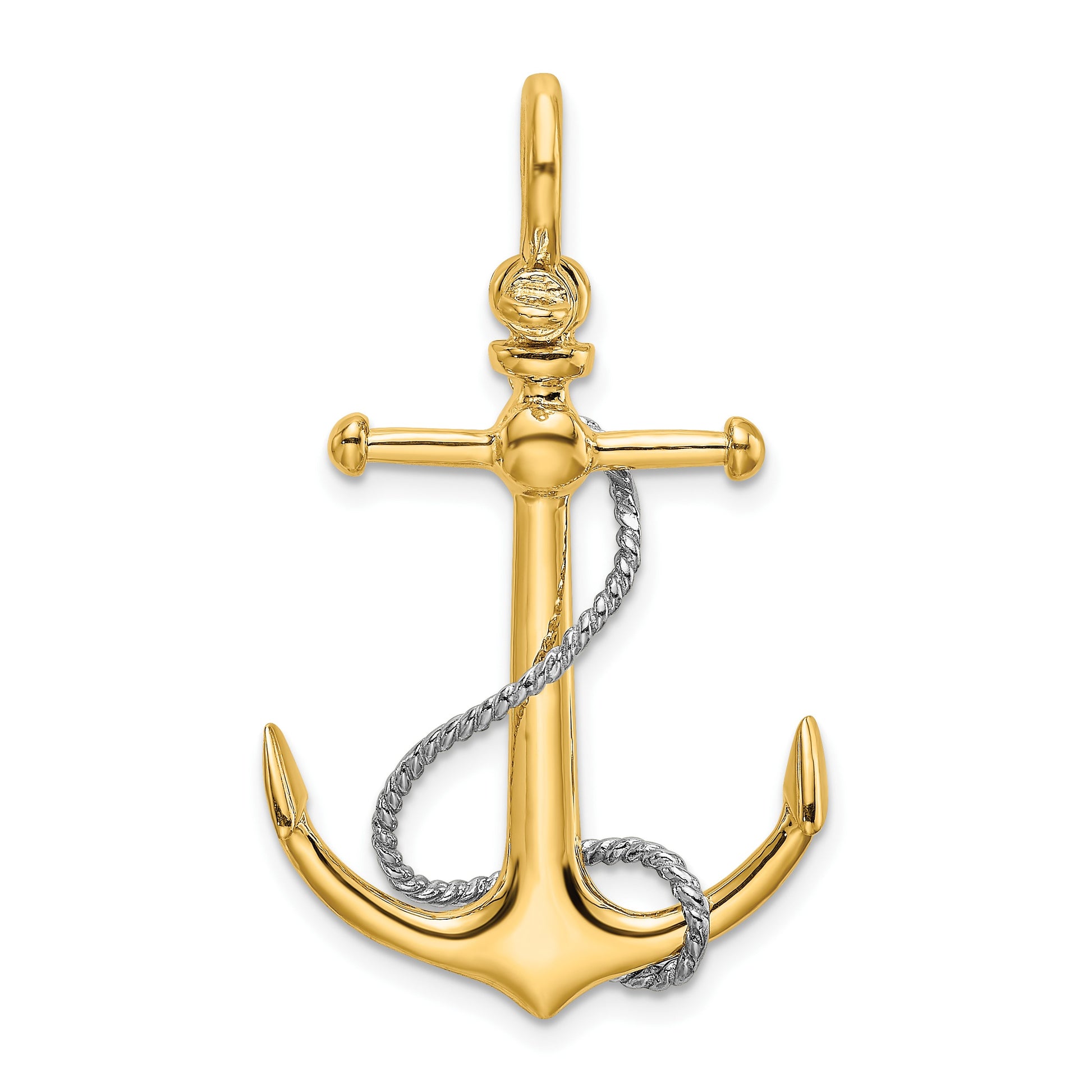 14K Two-tone 3-D Anchor with T-Bar and Rope with Shackle Bail Charm
