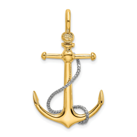 14K Two-tone 3-D Anchor with T-Bar and Rope with Shackle Bail Charm