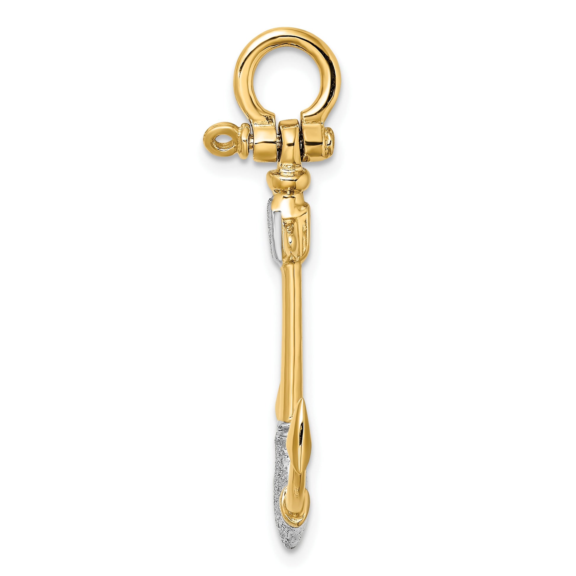 14K and White Rhodium 3-D Textured Anchor with Shackle Bail Charm
