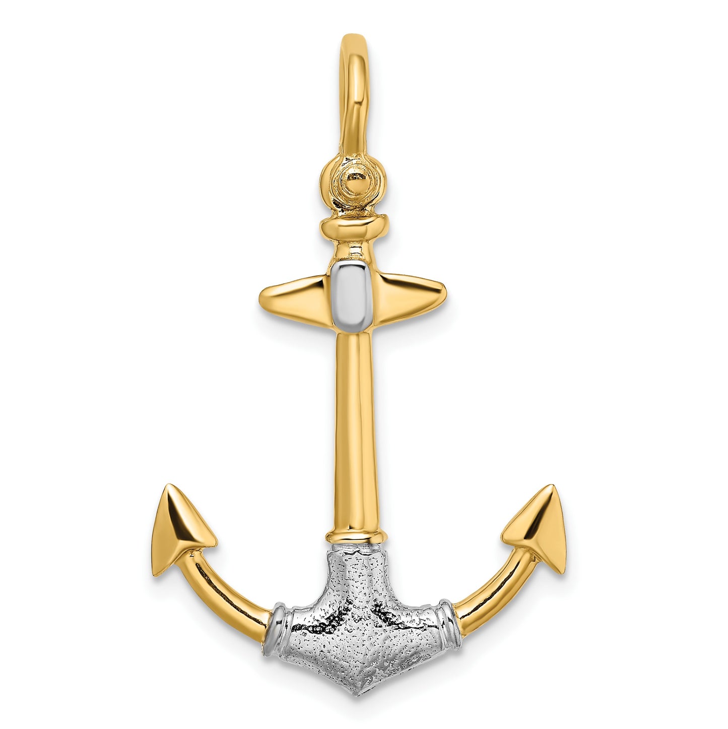 14K and White Rhodium 3-D Textured Anchor with Shackle Bail Charm