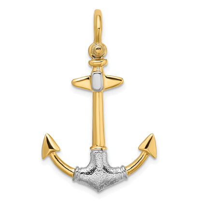 14K and White Rhodium 3-D Textured Anchor with Shackle Bail Charm