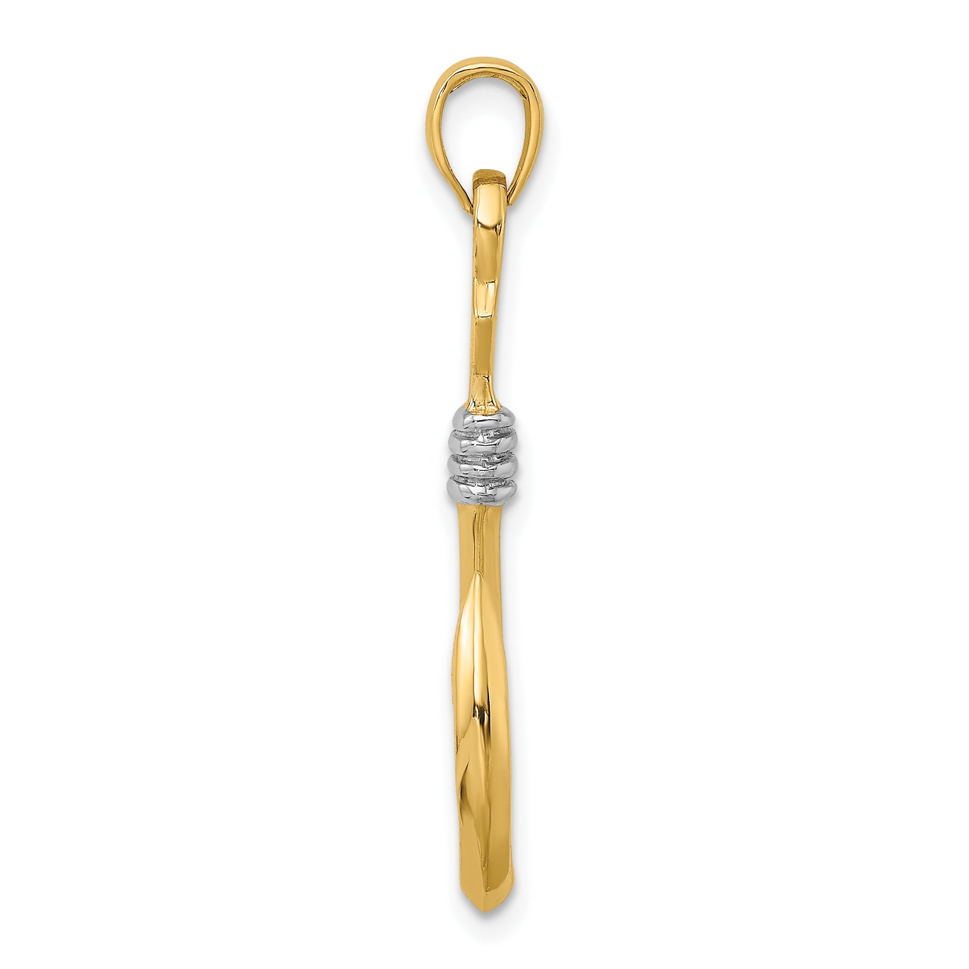 14K and White Rhodium 3-D Fish Hook With Rope Charm