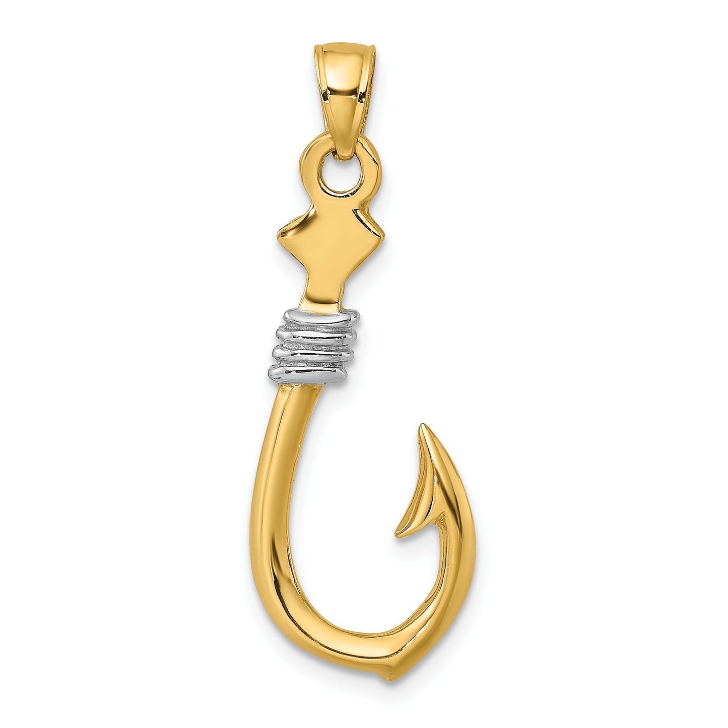 14K and White Rhodium 3-D Fish Hook With Rope Charm