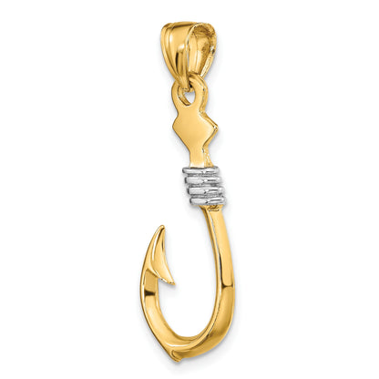 14K and White Rhodium 3-D Fish Hook With Rope Charm