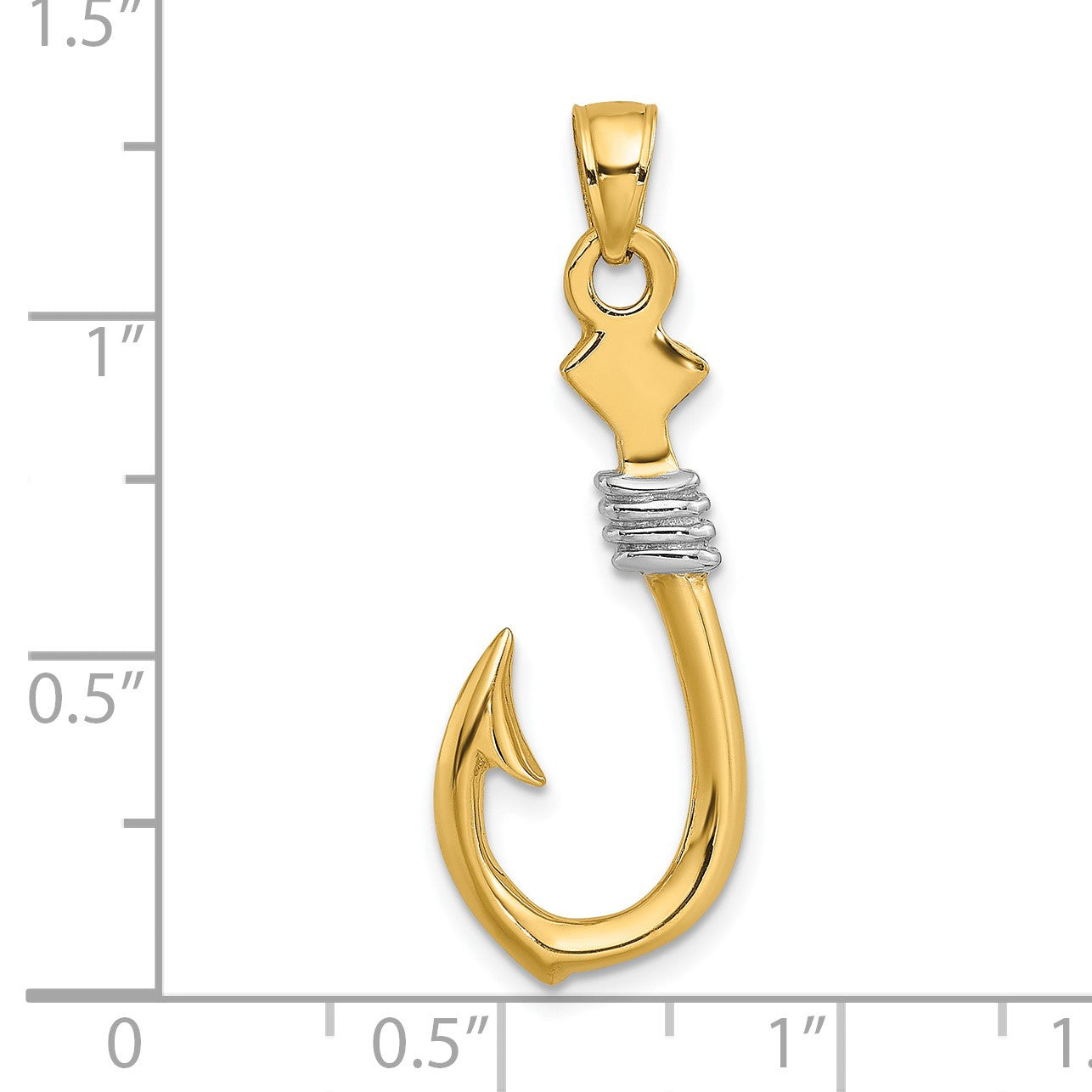 14K and White Rhodium 3-D Fish Hook With Rope Charm