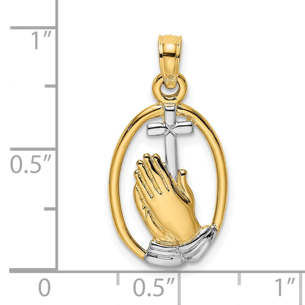14K and White Rhodium Praying Hands and Cross Oval Charm