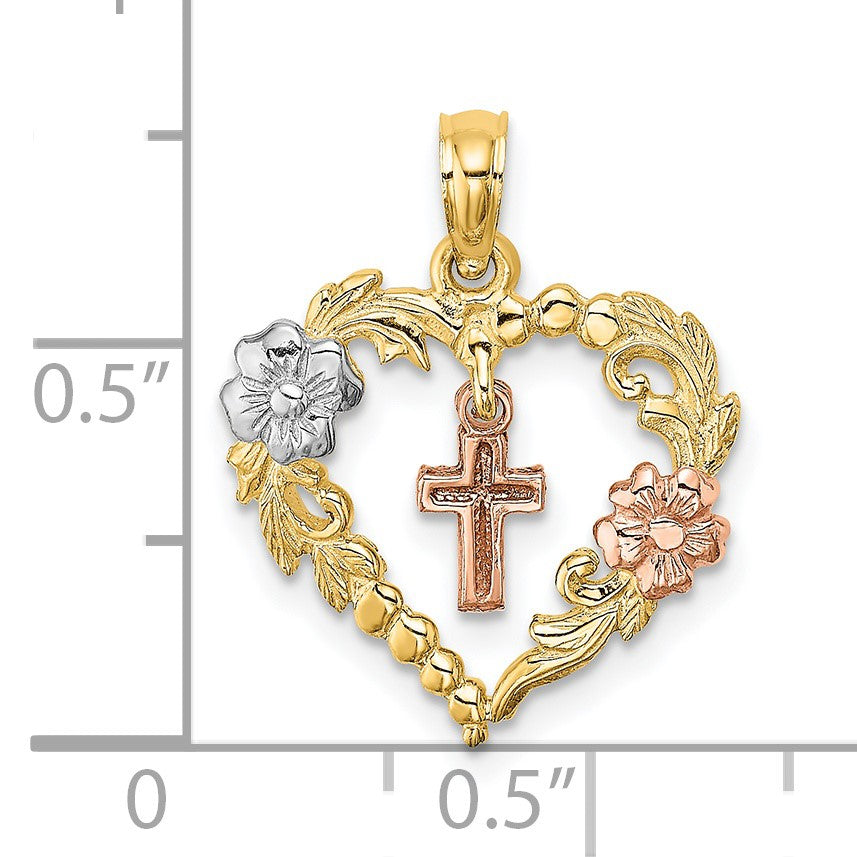 14K Two-tone with White Rhodium Heart with Cross and Flowers Charm