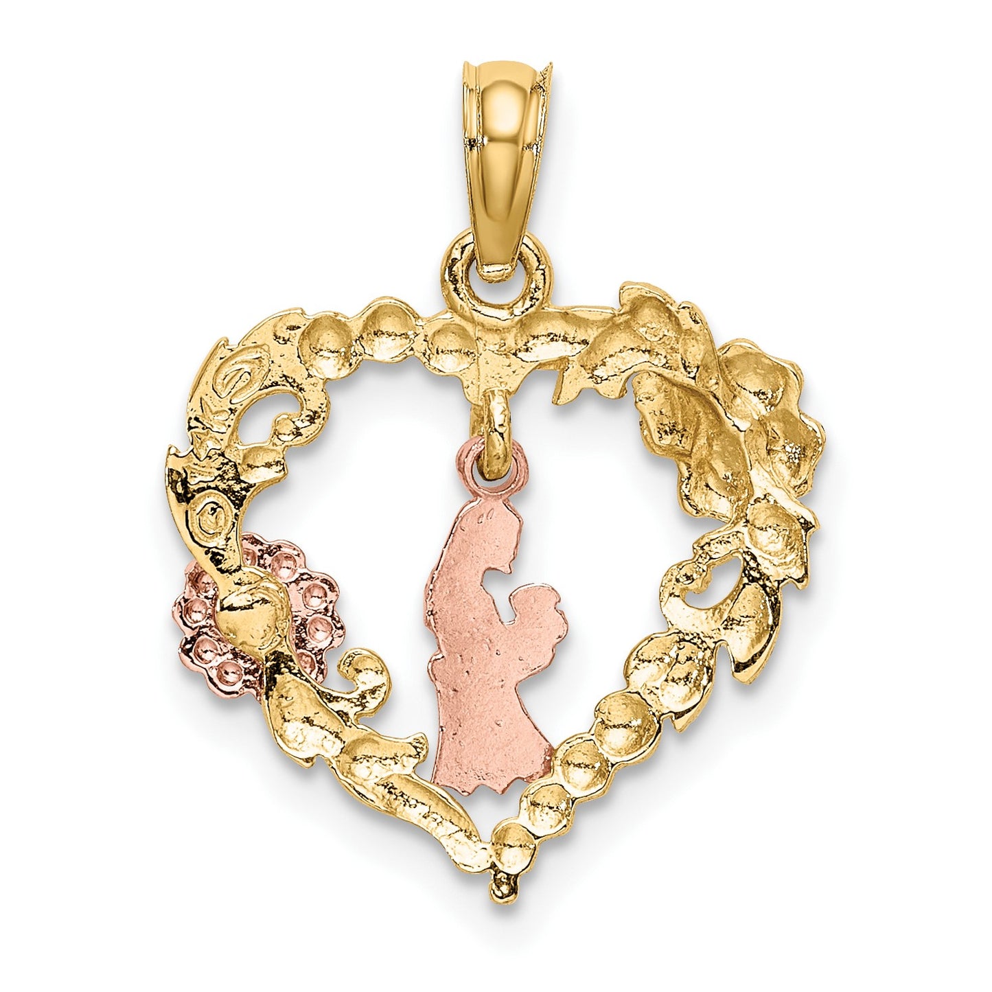 14k Two-tone with White Rhodium Mother and Baby with Flowers In Heart Charm
