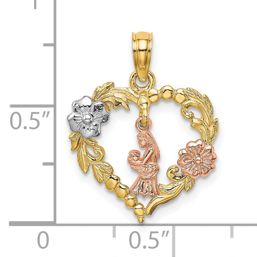 14k Two-tone with White Rhodium Mother and Baby with Flowers In Heart Charm