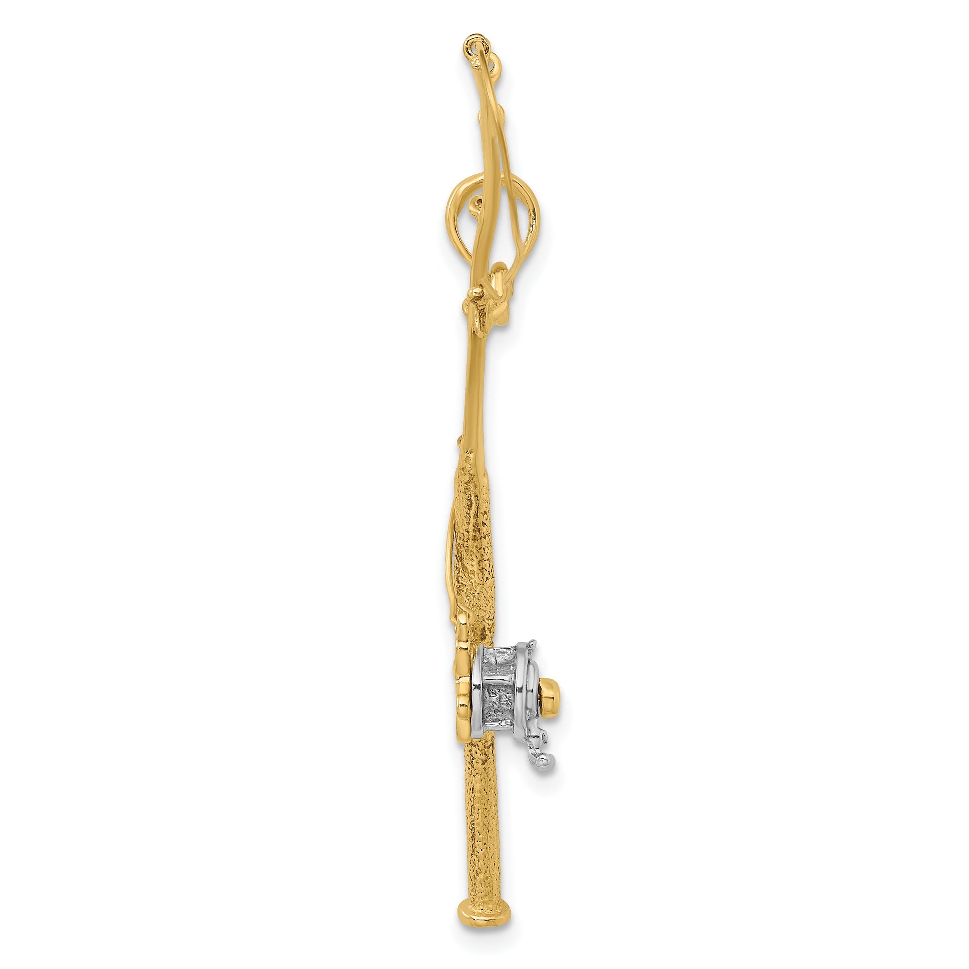 14K and White Rhodium 3-D Moveable Fishing Pole with Reel Charm