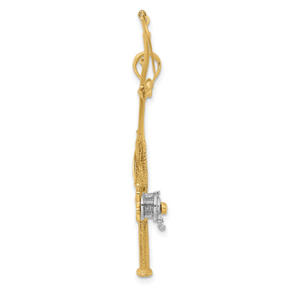14K and White Rhodium 3-D Moveable Fishing Pole with Reel Charm