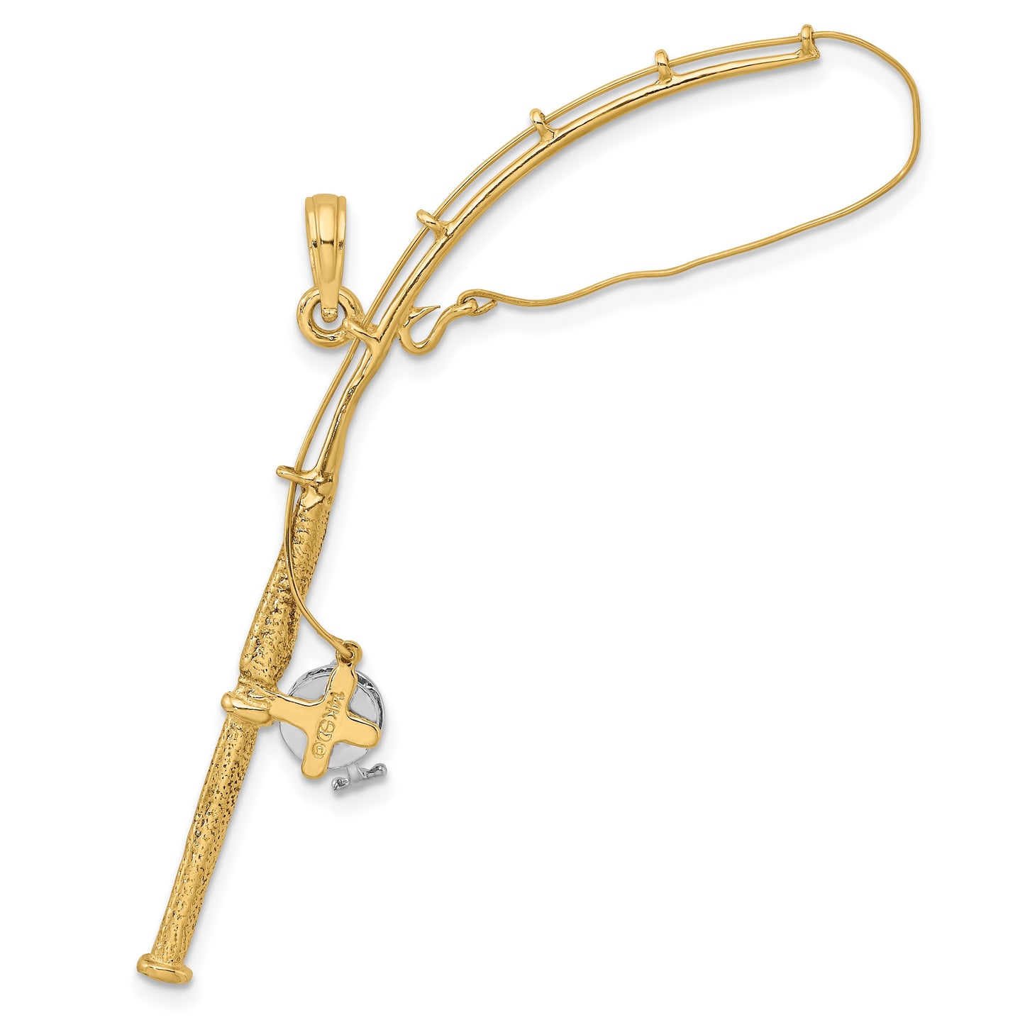 14K and White Rhodium 3-D Moveable Fishing Pole with Reel Charm