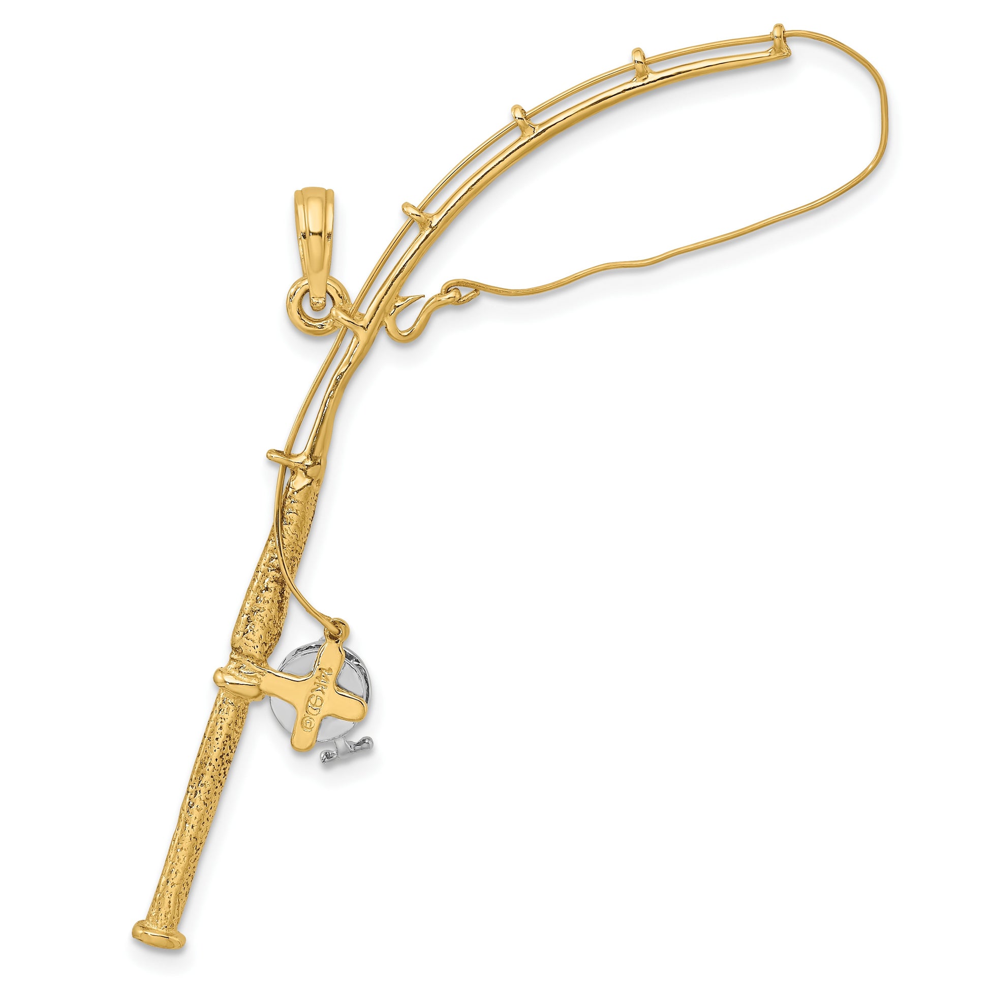 14K and White Rhodium 3-D Moveable Fishing Pole with Reel Charm