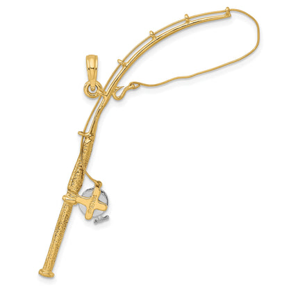 14K and White Rhodium 3-D Moveable Fishing Pole with Reel Charm