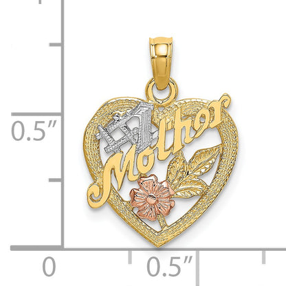 14K Two-tone with White Rhodium #1 MOTHER Heart with Flower Charm