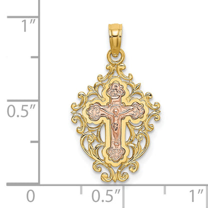 14k Two Tone with Lace Trim Crucifix Charm