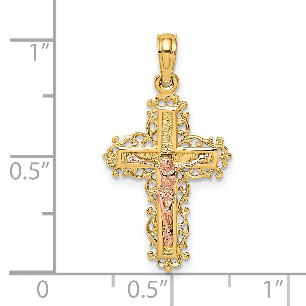14K Two-Tone Crucifix with Lace Trim Charm