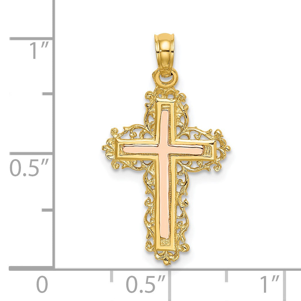 14K Two-Tone Cross with Lace Trim Charm