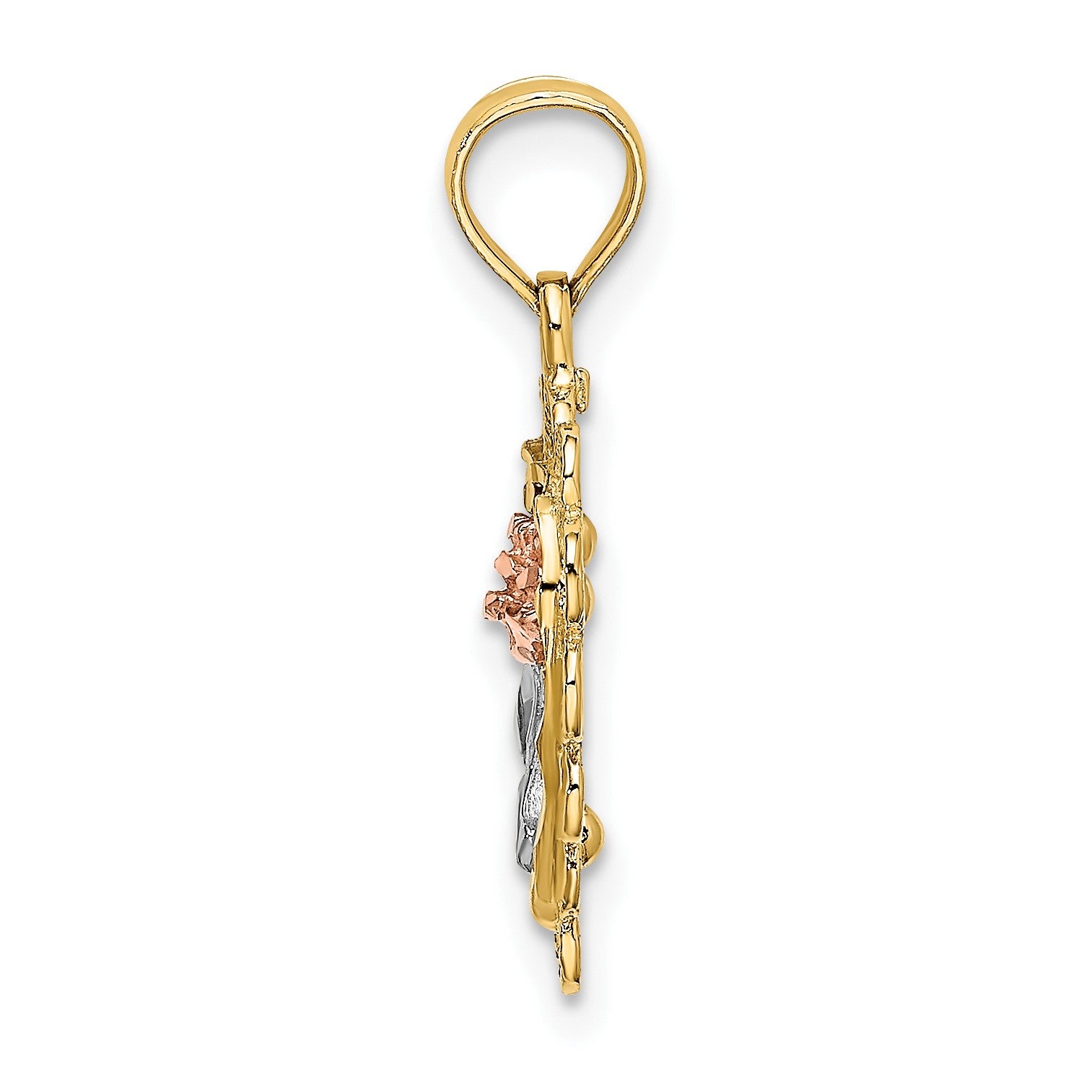 14k Two-tone with White Rhodium Heart with Rose and Lace Border Charm