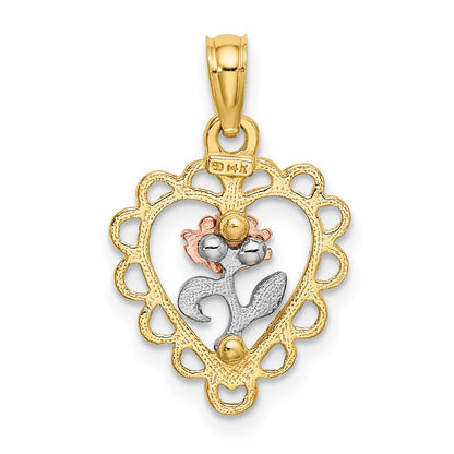 14k Two-tone with White Rhodium Heart with Rose and Lace Border Charm